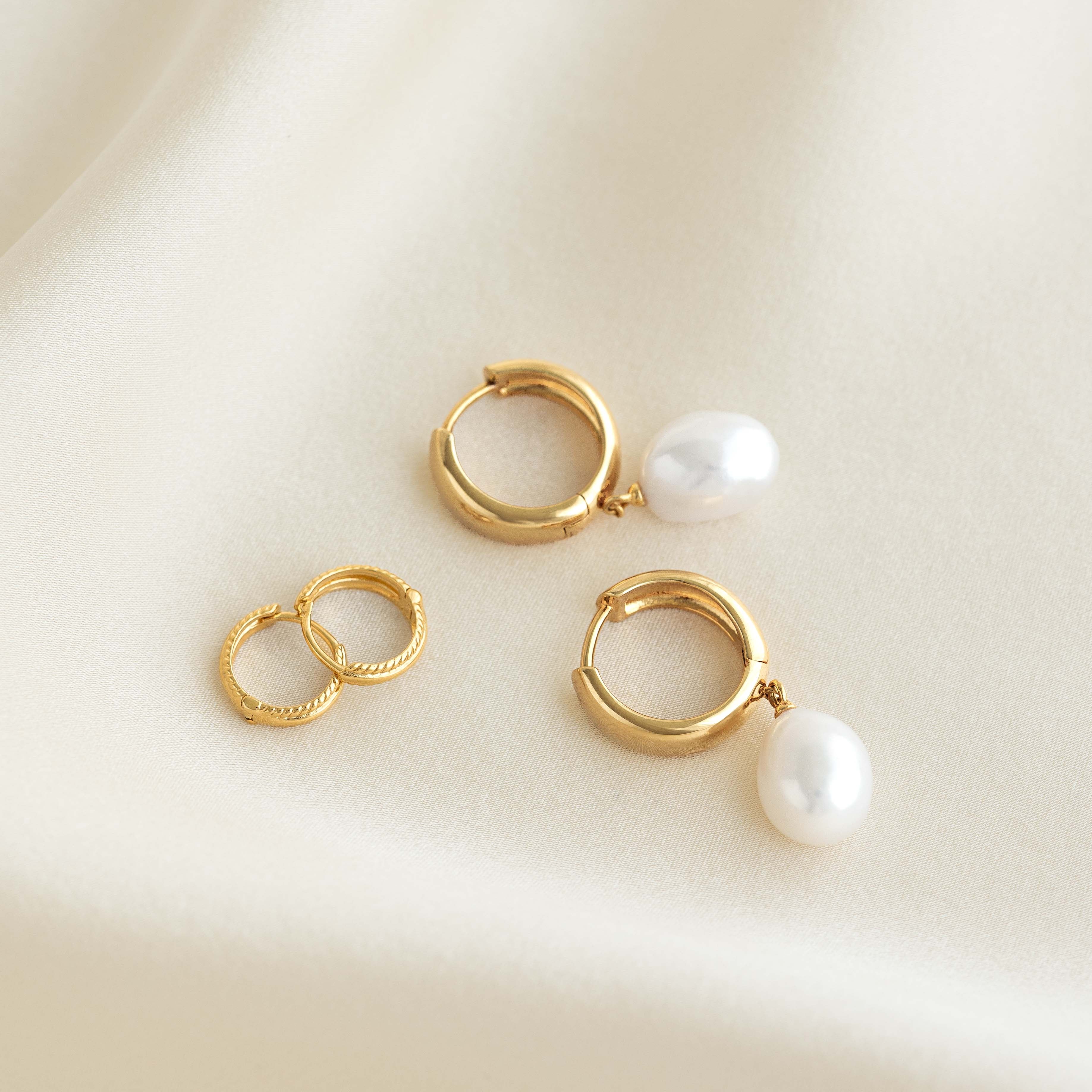 14K Gold Boho Pearl Statement Hoop Earrings