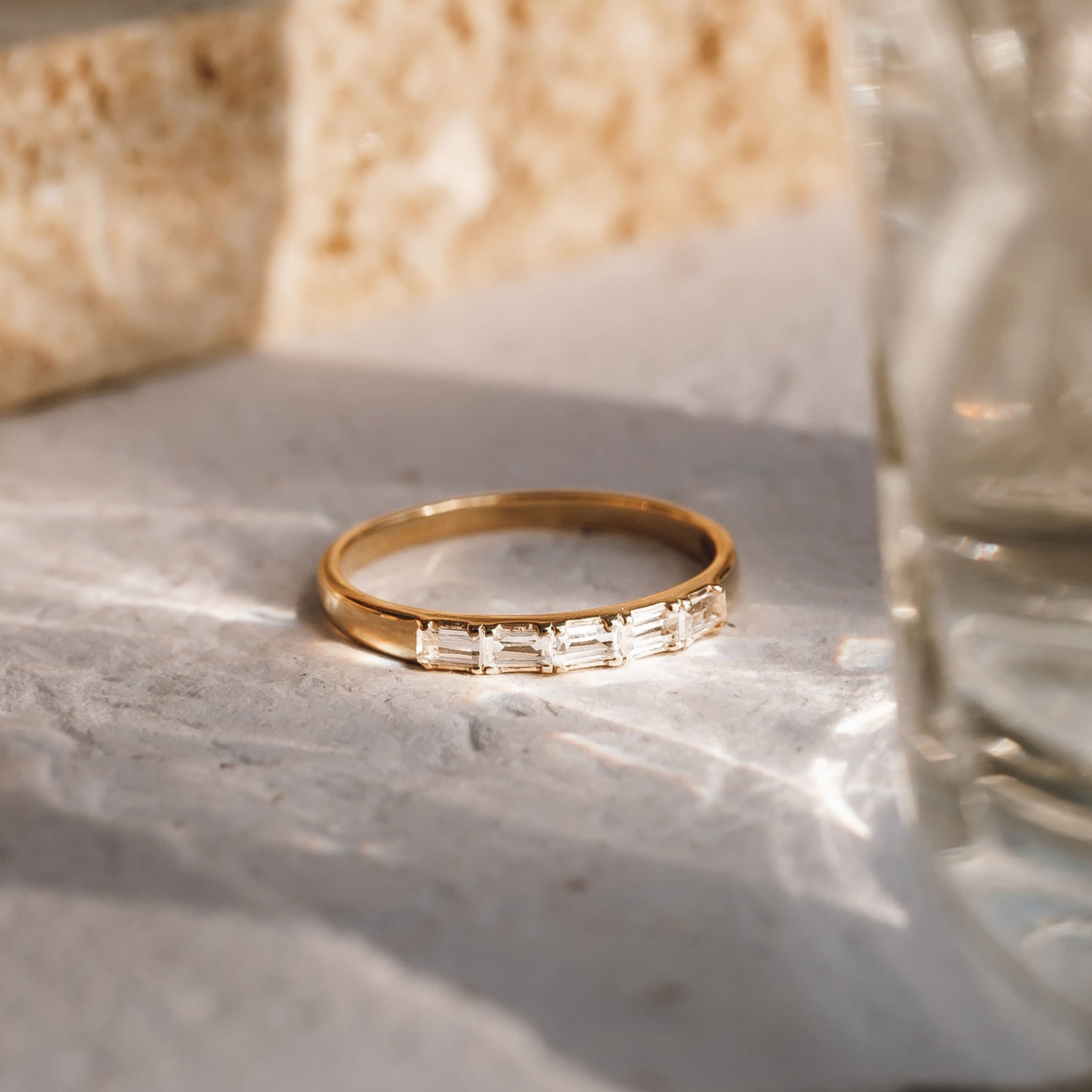 14K Gold Baguette White Topaz Half-Eternity Band Ring