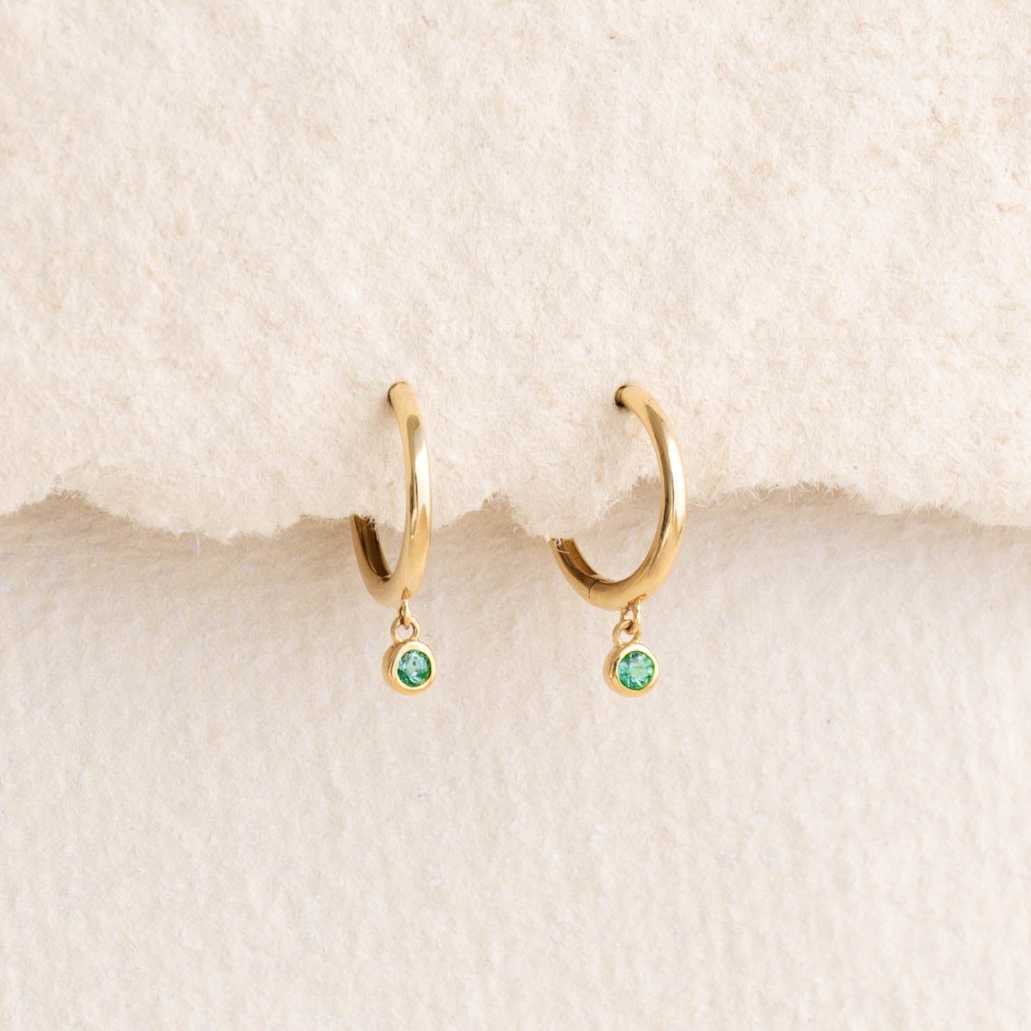 14K Gold Emerald Dewdrop Huggie Earrings