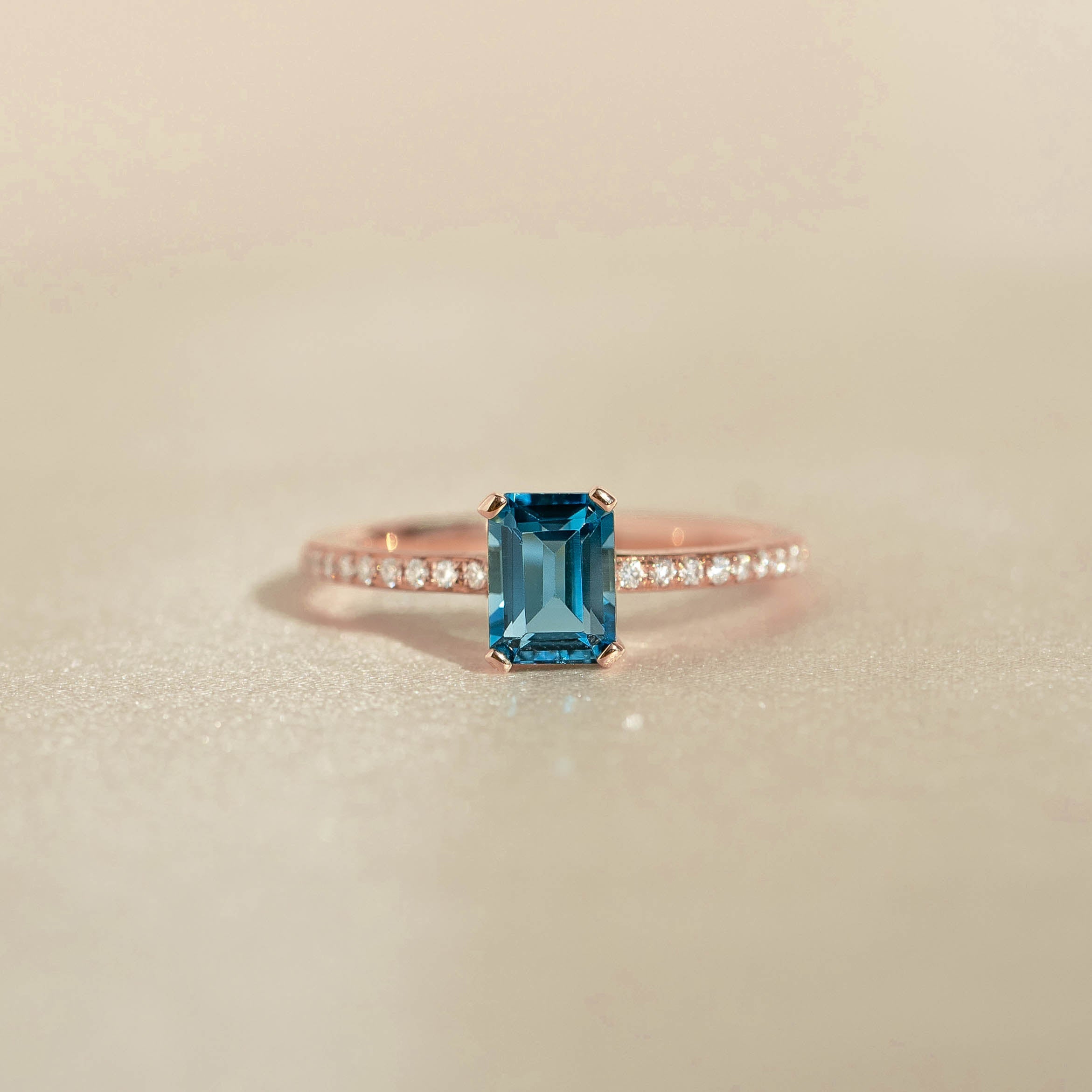14K Gold Baguette Blue Topaz and Diamond Ring