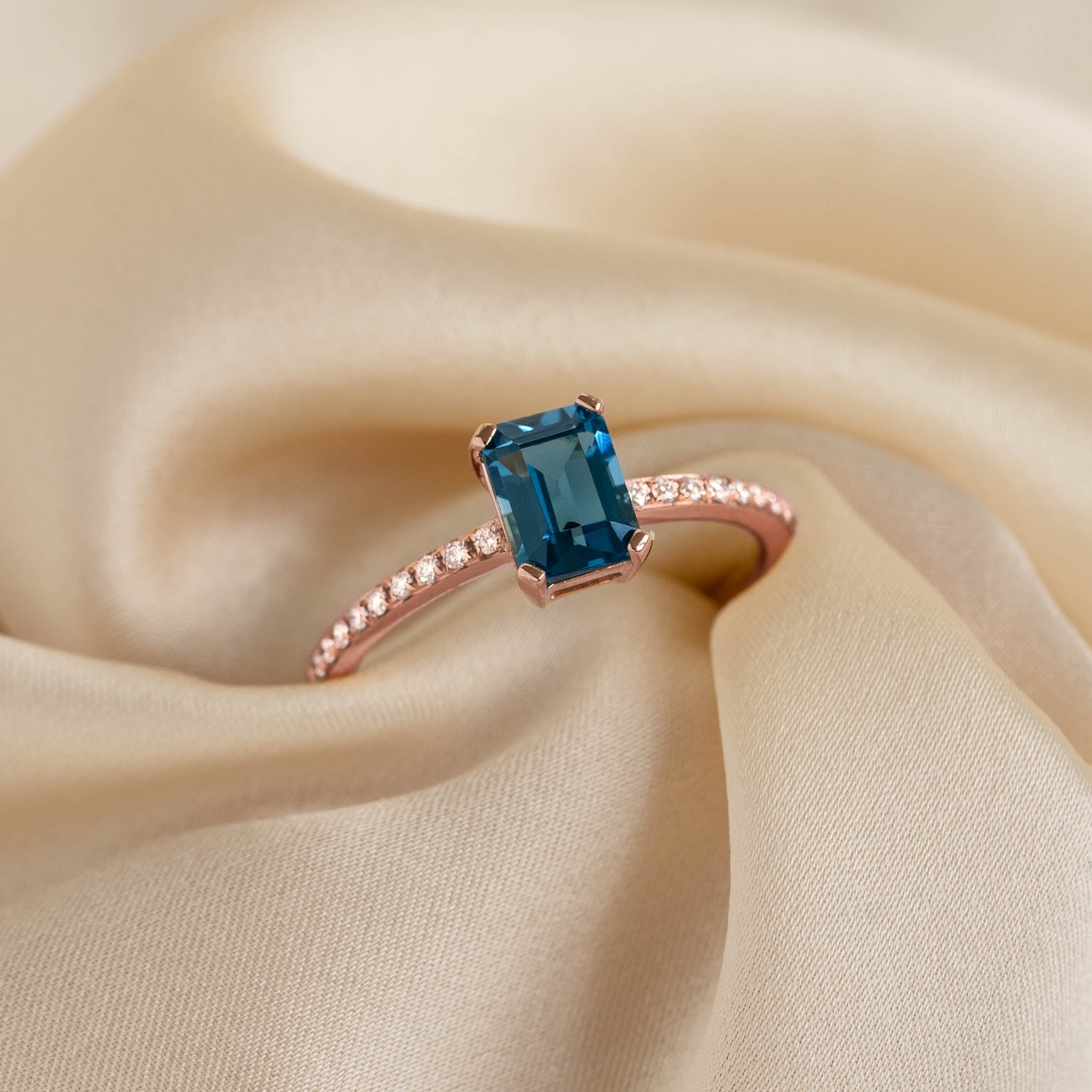 14K Gold Baguette Blue Topaz and Diamond Ring