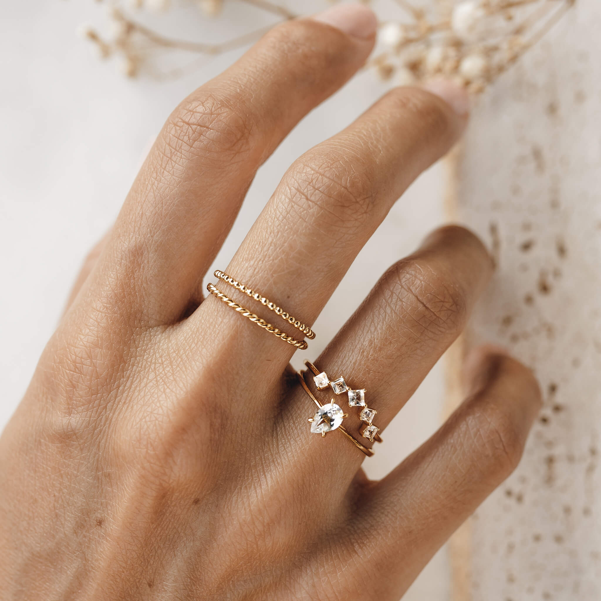 14K Gold Beaded Dainty Stacking Ring